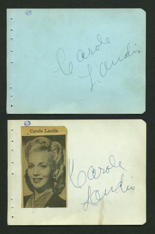 2 Carole Landis Signed Album Pages - Died 1948 Suicide At 29 Yrs Old -