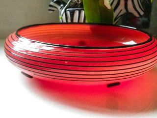 Loetz Stunning Vintage Tango Red Glass Bowl Black Stripes On 5 Black Glass Feet