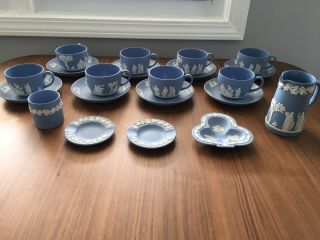 Vintage 16 Pc Wedgwood Blue Jasperware Grecian Cup & Saucer W/ Pitcher,  Ashtrays