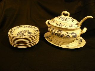 Blue Danube China Soup Tureen,  Lid,  And Underplate,  Ladel And 9 Soup Bowls