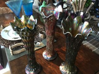3 Fenton/northwood Tall Tree Trunk,  Rustic,  April Shower Carnival Glass Vases