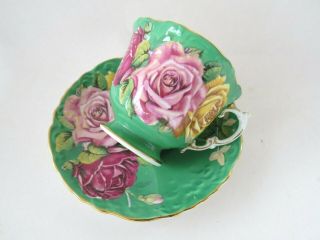 Rare Green Aynsley Triple Cabbage Rose Teacup & Saucer Set England
