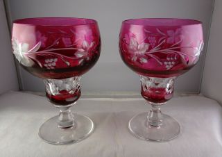 Val St.  Lambert Vignes Red Cut To Clear Goblets Glasses – Grapes,  Leaves