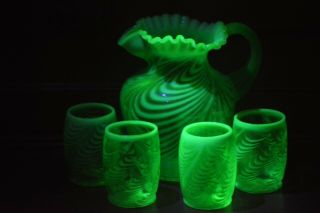 Vintage Fenton Green Opalescent Swirl Water Pitcher Set Uranium Glows