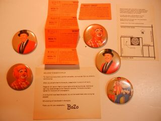 Vintage 1975 " Bozo Circus " Memorabilia - - 5 Ticket Stubs - Pinback Buttons - More