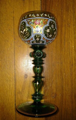 Antique Exquisite Moser Wine Goblet Hand Painted Enamel Art Glass Bohemian