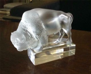 Fine Lalique France Crystal Art Glass Buffalo Paperweight Signed