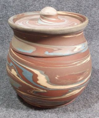 Vintage Niloak Mission Swirl Covered Jar With Tag 6 In Round 5 In Tall