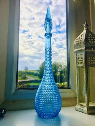 Vintage Mcm Italian Empoli Glass Genie Bottle Ice Blue Diamonds Hobnail 1960’s