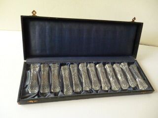 Boxed Set Of 12 Antique Crystal Knife Rests.  Pristine In Wood Box.