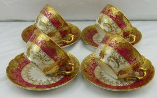 Limoges Double Fancy Lacey Gold Ruby Red Set 4 Cups Saucers
