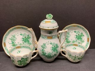 Vtg Herend Porcelain Handpainted Green Chinese Bouquet Teapot Cup & Saucer Set
