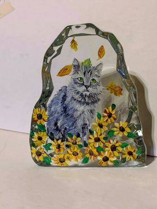 Fenton Heavy Large Paperweight Precious Gray Cat In Sunflowers Ooak Rachelle