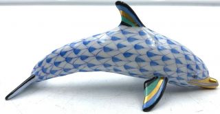 Herend Dolphin Porpoise Blue Fishnet Handpainted Gold Trim Hungary 4 1/4 " Euc