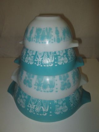 Set Of 4 Vintage Amish Butterprint Cinderella Nesting Pyrex Bowls Blue Turquoise