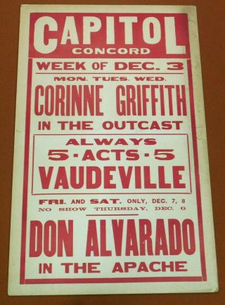 Corinne Griffith Vintage 1928 Silent Film Theater Rare Window Card Movie Poster