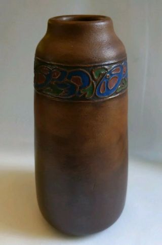 1920s California Faience Matte Brown Vase Deco Foral Motif