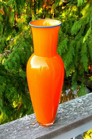 Large Orange Studio Art Glass Vase By Darryle Hinz & Anja Kjær,  Denmark,  Signed