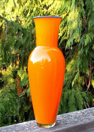 Large Orange Studio Art Glass Vase by Darryle Hinz & Anja Kjær,  Denmark,  Signed 2