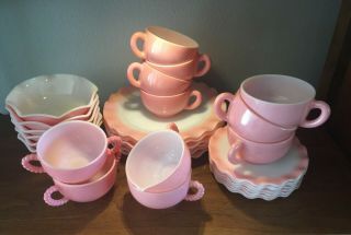 Vintage Hazel Atlas Pink Dish Set Crinoline Pattern Milk Glass