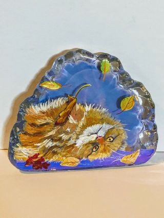 Fenton Heavy Large Paperweight Precious Cat Playing In Leaves Ooak Rachelle