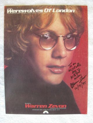 Warren Zevon - Rare Autographed " Werewolves " Sheet Music - Hand Signed By Zevon
