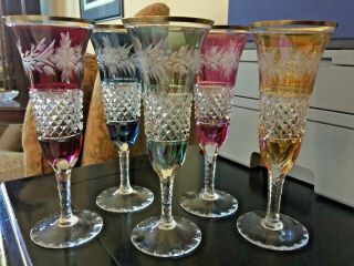 Antique Saint Louis Crystal 5 Piece Colored Wine Stems / Glasses / Flutes