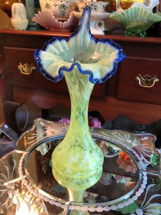 Fenton Topaz Opalescent Daisy & Fern Jack In The Pulpit Vase Blue Trim