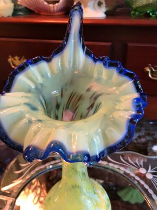 Fenton Topaz Opalescent Daisy & Fern Jack in the Pulpit Vase Blue Trim 3