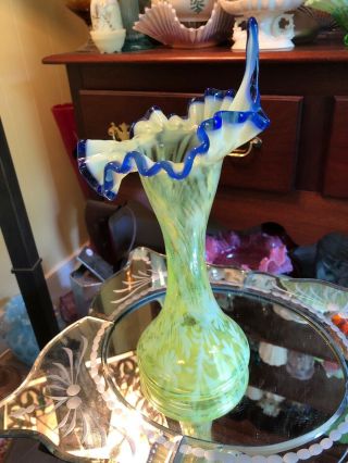 Fenton Topaz Opalescent Daisy & Fern Jack in the Pulpit Vase Blue Trim 4