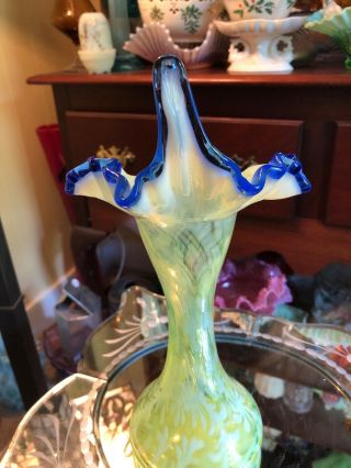 Fenton Topaz Opalescent Daisy & Fern Jack in the Pulpit Vase Blue Trim 5