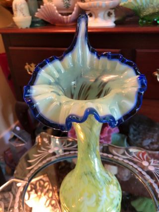 Fenton Topaz Opalescent Daisy & Fern Jack in the Pulpit Vase Blue Trim 6