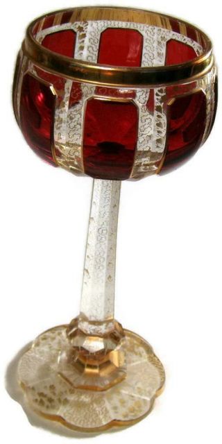 Antique Moser Art Glass Cranberry Overlay Cabochon Jeweled Wine Stem Petal Foot 4