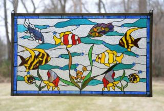 34.  5 " X 20.  5 " Tropical Fish Under The Sea Handcrafted Stained Glass Window Panel