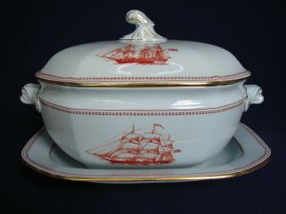 Spode Red Trade Winds Large Soup Tureen With Lid & 13 " Under Plate Clipper Ships