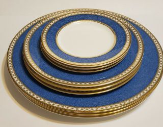 Wedgwood Bone China Ulander Set Of 9 Plates Blue White With Gold Trim Vintage