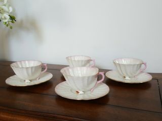 Set Of 4 Belleek Neptune Pink Footed Tea Cups And Saucers