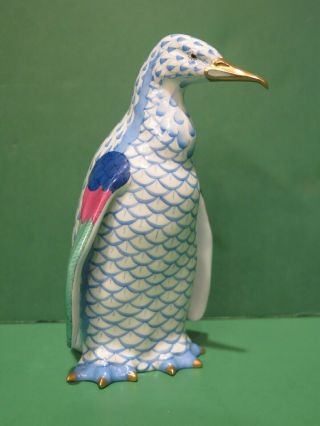 Herend Blue Fishnet Large Penguin Figurine 15327