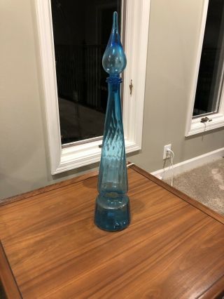 Vintage Tall Blue Glass Genie Bottle Decanter Italy 27 " Fabulou