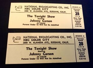 The Tonight Show Johnny Carson Two (2) Tickets March 28,  1974