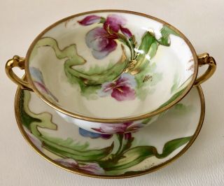 Antique France Limoges Coronet Porcelain Iris Cream Soup Bowl Underplate X8 Set