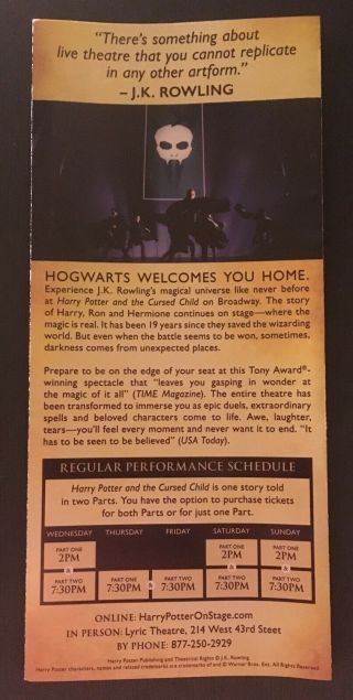 JK Rowling’s Harry Potter and The Cursed Child On Broadway Brochure 214 W43rd St 2
