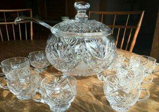 Vintage Nachtmann Crystal Footed Punch Bowl Set,  W/ Ladel & 8 Cups,