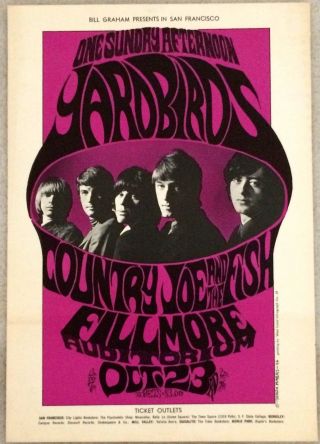 Yardbirds " Fillmore Oct 23,  1966 Poster " Ultra - Rare 1966 Poster W/ Beck & Page