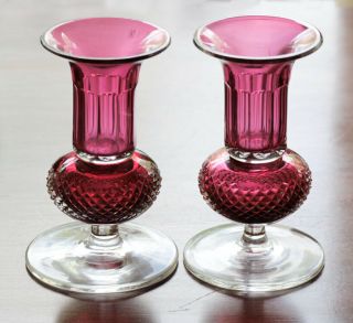 Pair,  Cranberry And Clear Cut Glass Mantle Vases,  Mid - 19th Century [11985]