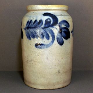 Antique Cobalt Blue Decorated Gray Pennsylvania Stoneware Preserve Canning Jar