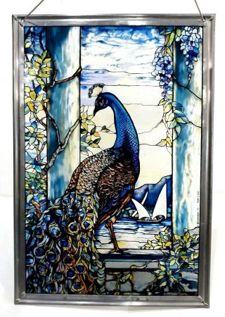 Glassmasters 1990 Louis C Tiffany Peacock Stained Glass Window Panel Sun Catcher