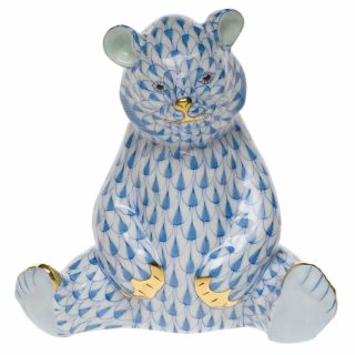Herend Of Hungary Baby Bear Sitting Blue Fishnet Handpainted 24k Gold Accents