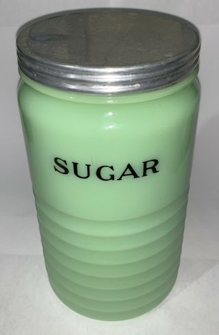 Vintage Jeannette Glass Jadeite Sugar Canister Lid Green Depression Glass 7.  75 "