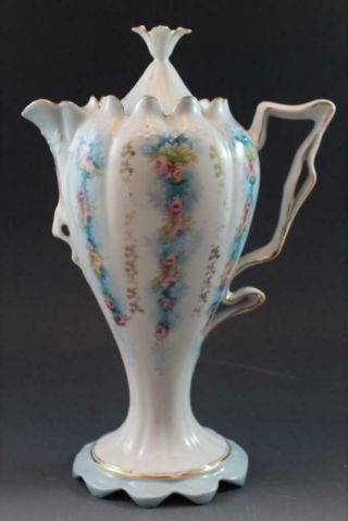 Antique Rs Prussia Porcelain Chocolate Pot Blown Out Handle Pink Roses